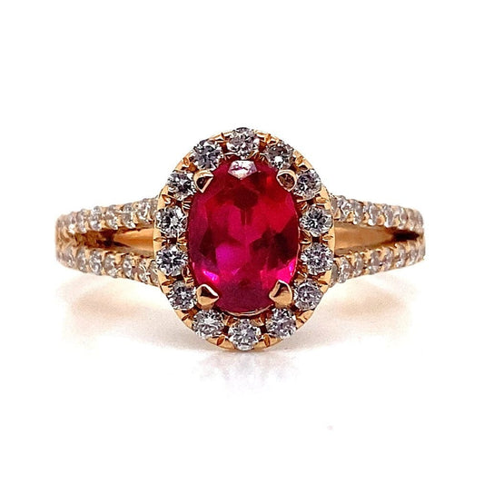 14K ROSE GOLD 5X7 MM OVAL LAB GROWN RUBY CENTER .45 CT TW NATURAL ROUND BRILLIANT DIAMOND ACCENT RING