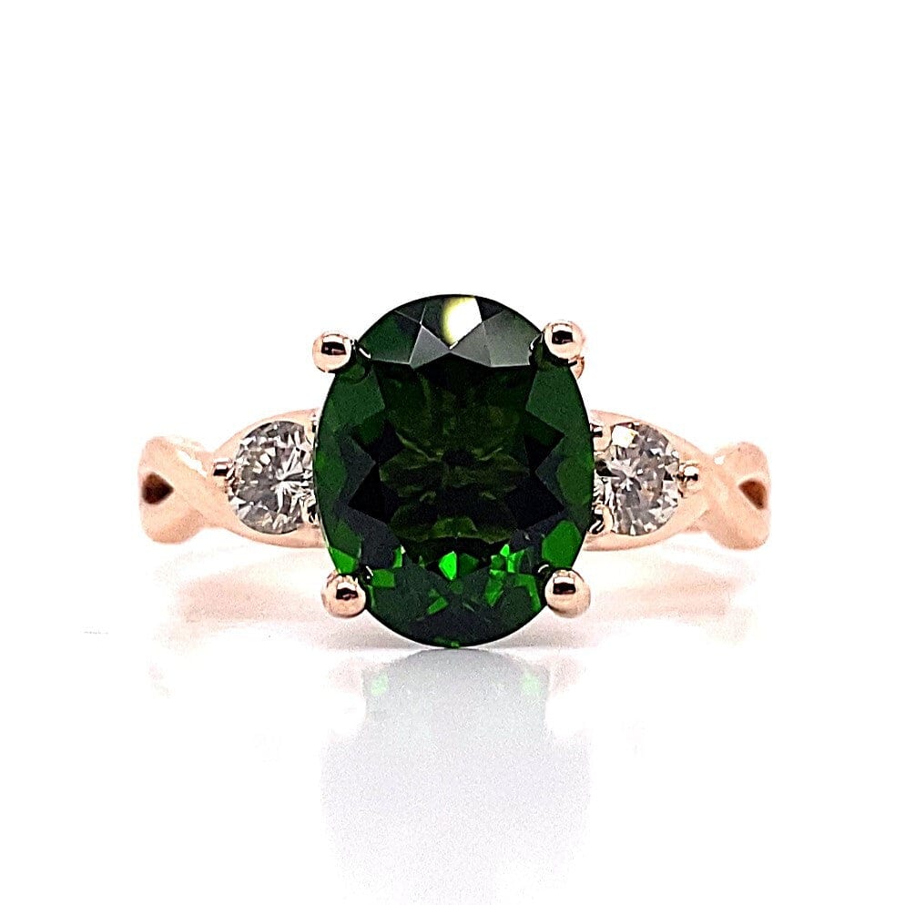 14K ROSE GOLD 2.66 CT OVAL CHROME DIOPSIDE CENTER .32CT TW NATURAL DIAMOND ACCENT RING
