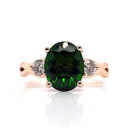 14K ROSE GOLD 2.66 CT OVAL CHROME DIOPSIDE CENTER .32CT TW NATURAL DIAMOND ACCENT RING