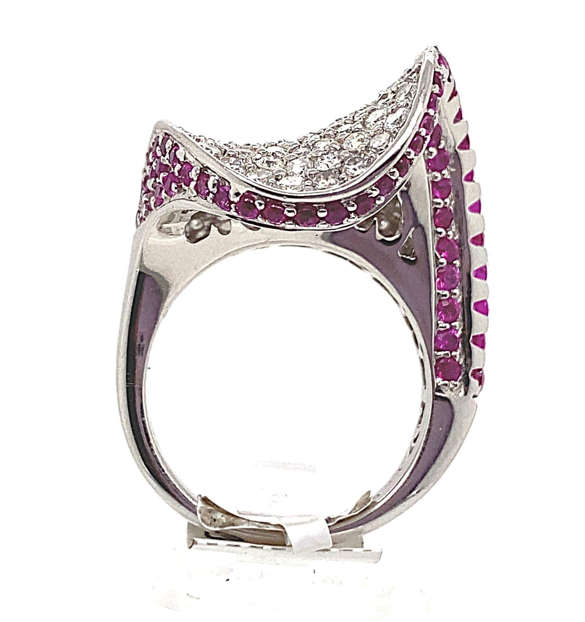 18K WHITE GOLD 2.10CT TW NATURAL DIAMOND 2.20CT TW NATURAL RUBY WAVE-INSPIRED FASHION RING