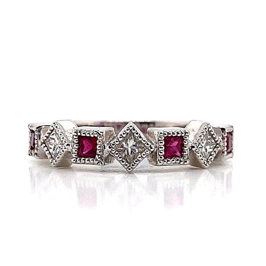 14K WHITE GOLD .32 CT TW NATURAL ROUND BRILLIANT DIAMOND .40 CT TW NATURAL PRINCESS RUBY ACCENT ART DECO DESIGN STYLE RING
