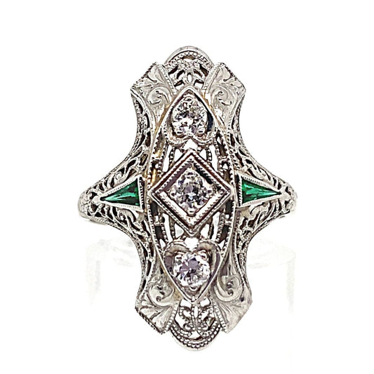 14K WHITE GOLD .15CT TW NATURAL DIAMOND & EMERALD VINTAGE RING