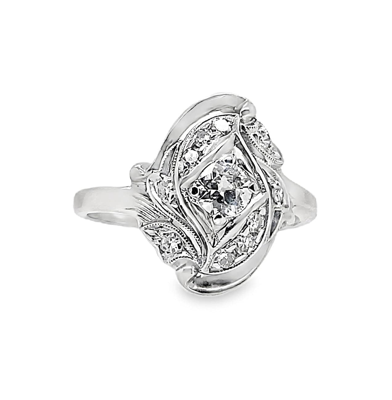 14K WHITE GOLD .25CT EUROPEAN CUT DIAMOND RING WITH ACCENTS