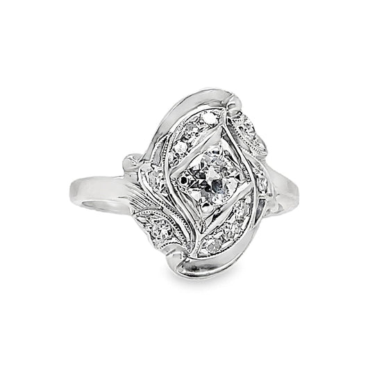 14K WHITE GOLD .25CT EUROPEAN CUT DIAMOND RING WITH ACCENTS