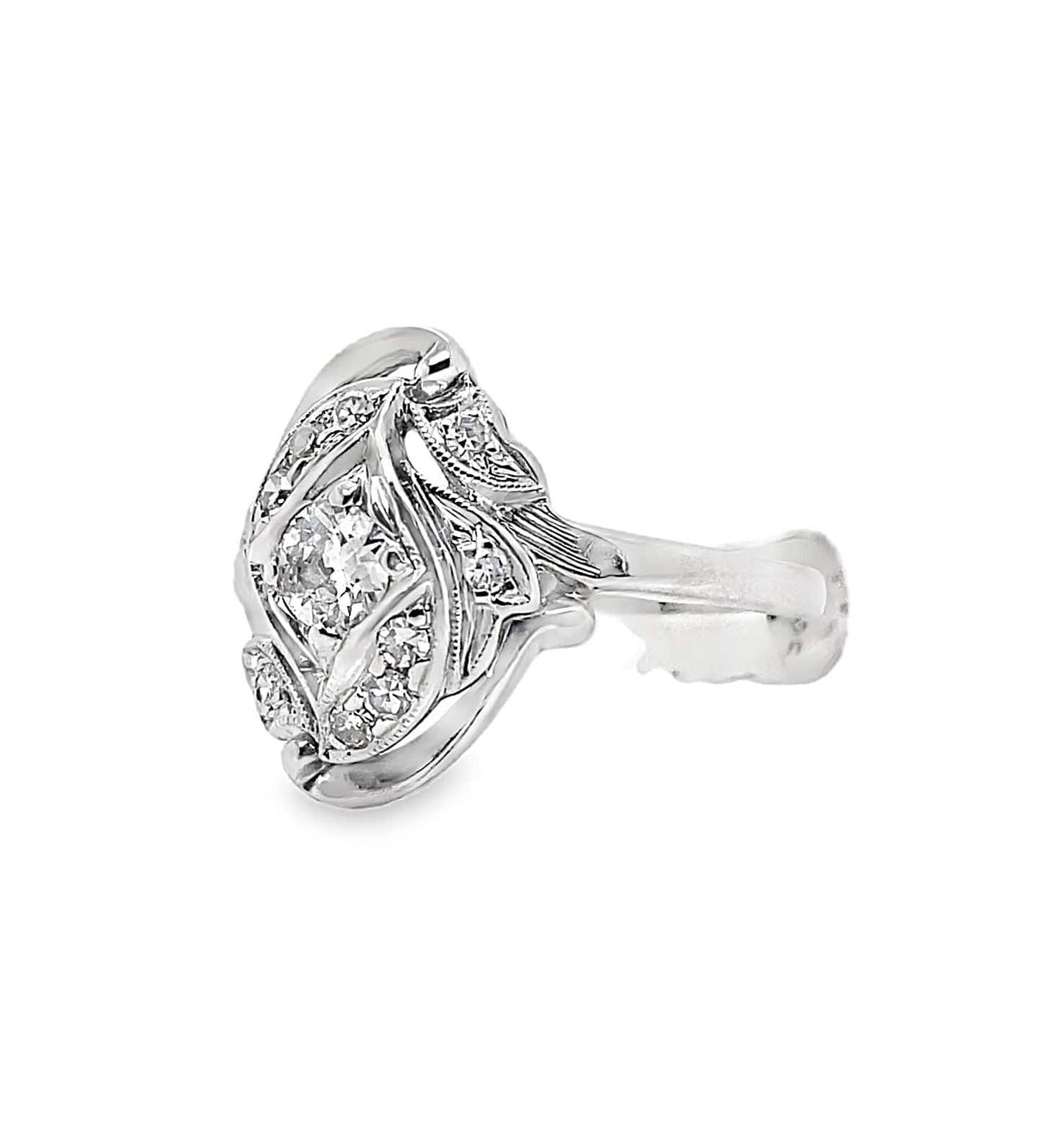 14K WHITE GOLD .25CT EUROPEAN CUT DIAMOND RING WITH ACCENTS