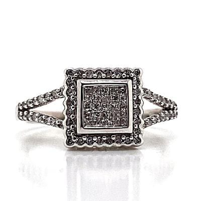 10K white gold ring with square halo and split shank, featuring 1/3 carat pavé diamonds.