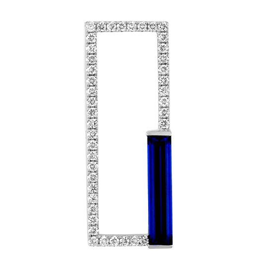 14K WHITE GOLD 14X3MM 1.39CT BAGUETTE LAB BLUE SAPPHIRE .32CT LAB DIAMOND RECTANGLE NECKLACE