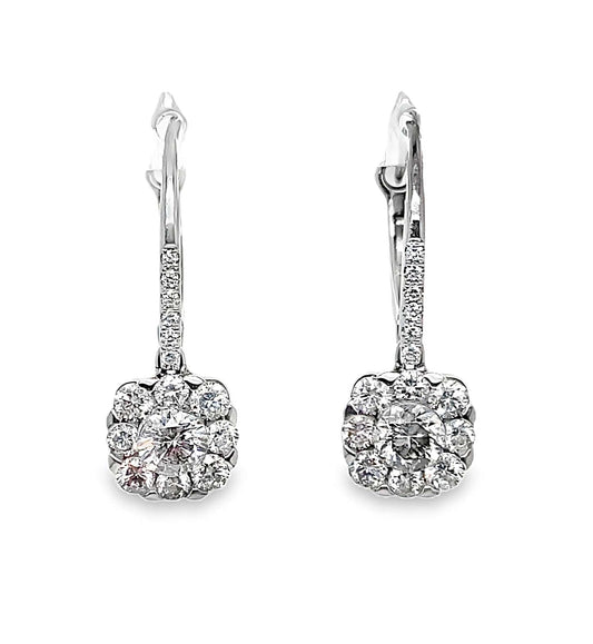 14K WHITE GOLD DIAMOND HALO DROP EARRINGS 1.52 CT TW