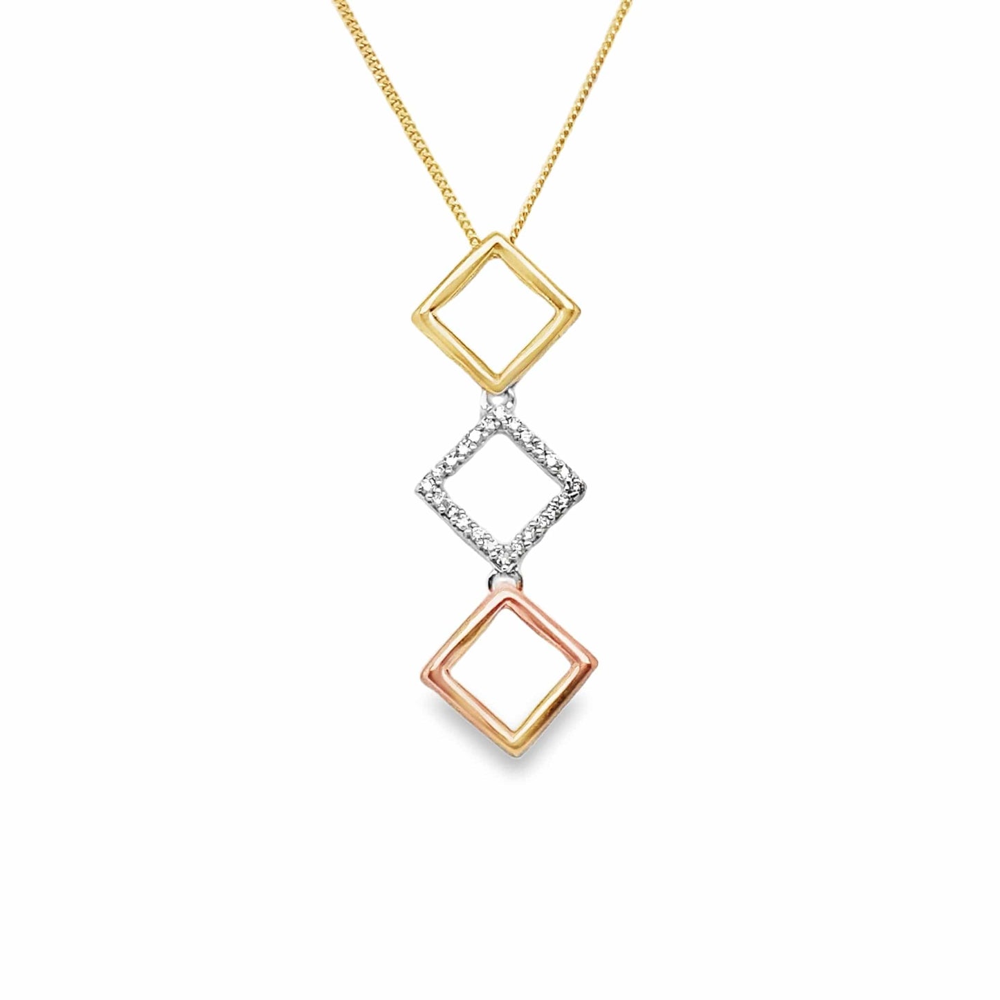 Fashion necklace with stacked square pendants in yellow gold, diamond-set white gold, and rose gold.