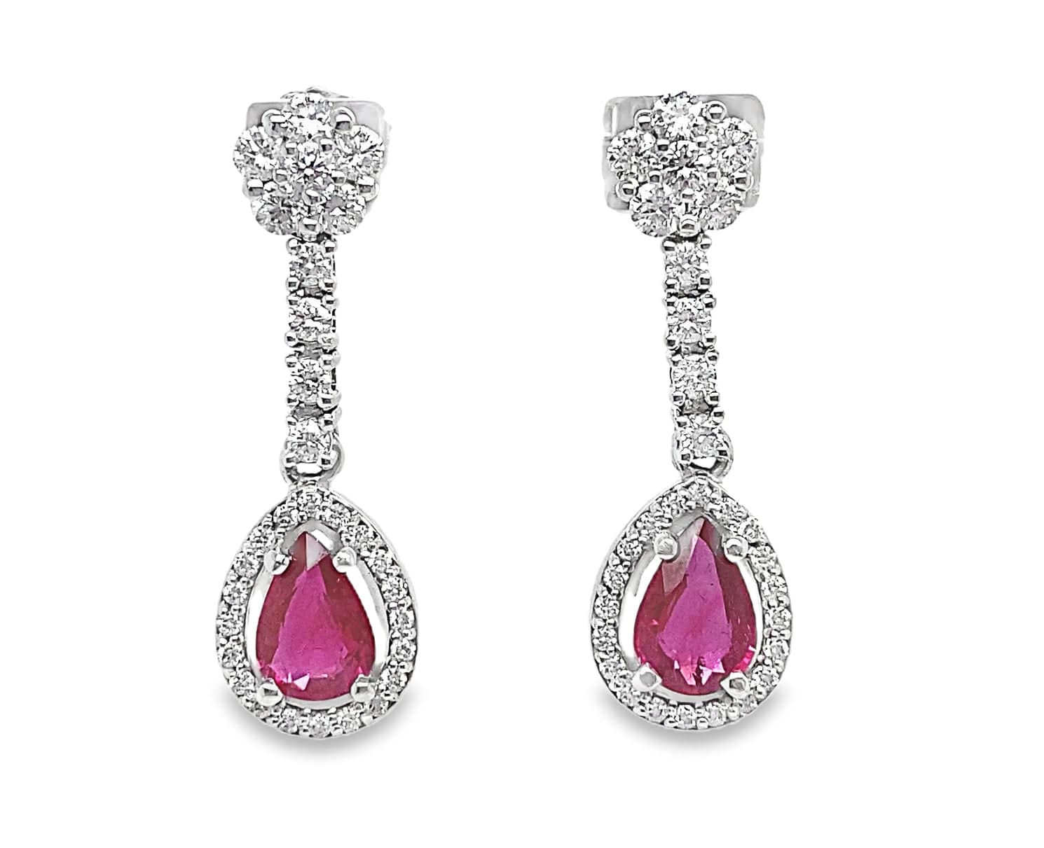 18K WHITE GOLD .80 CTW NATURAL RUBY PEAR CENTER W/ .55CT TW NATURAL ROUND BRILLIANT DIAMOND DROP EARRINGS