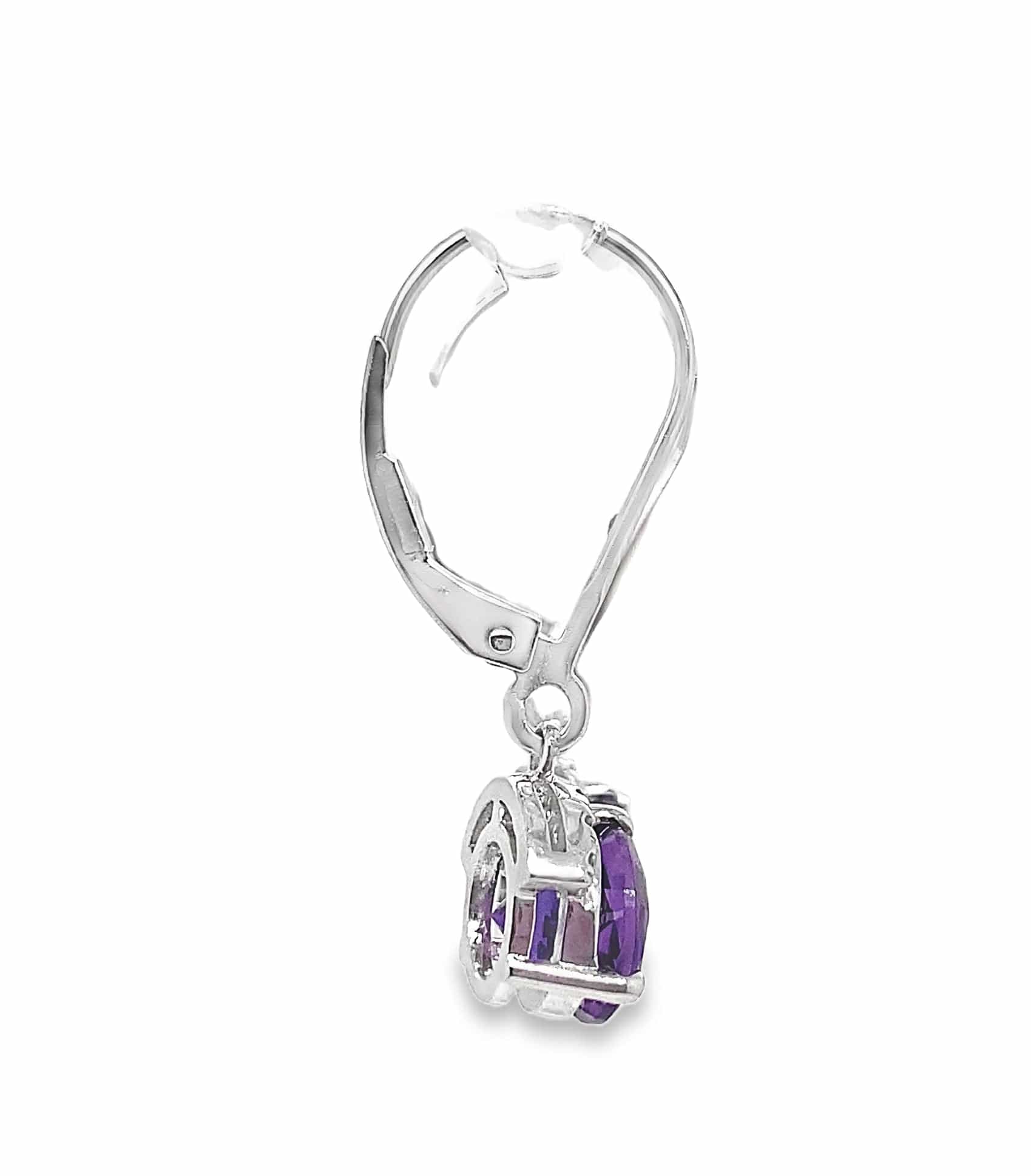 14K WHITE GOLD 2.6CT TW ROUND AMETHYST .09CT TW ROUND BRILLIANT DIAMOND DANGLE STYLE EARRINGS