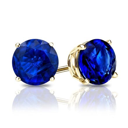 14K gold stud earrings with round brilliant blue sapphire gemstones totaling .60 carats.