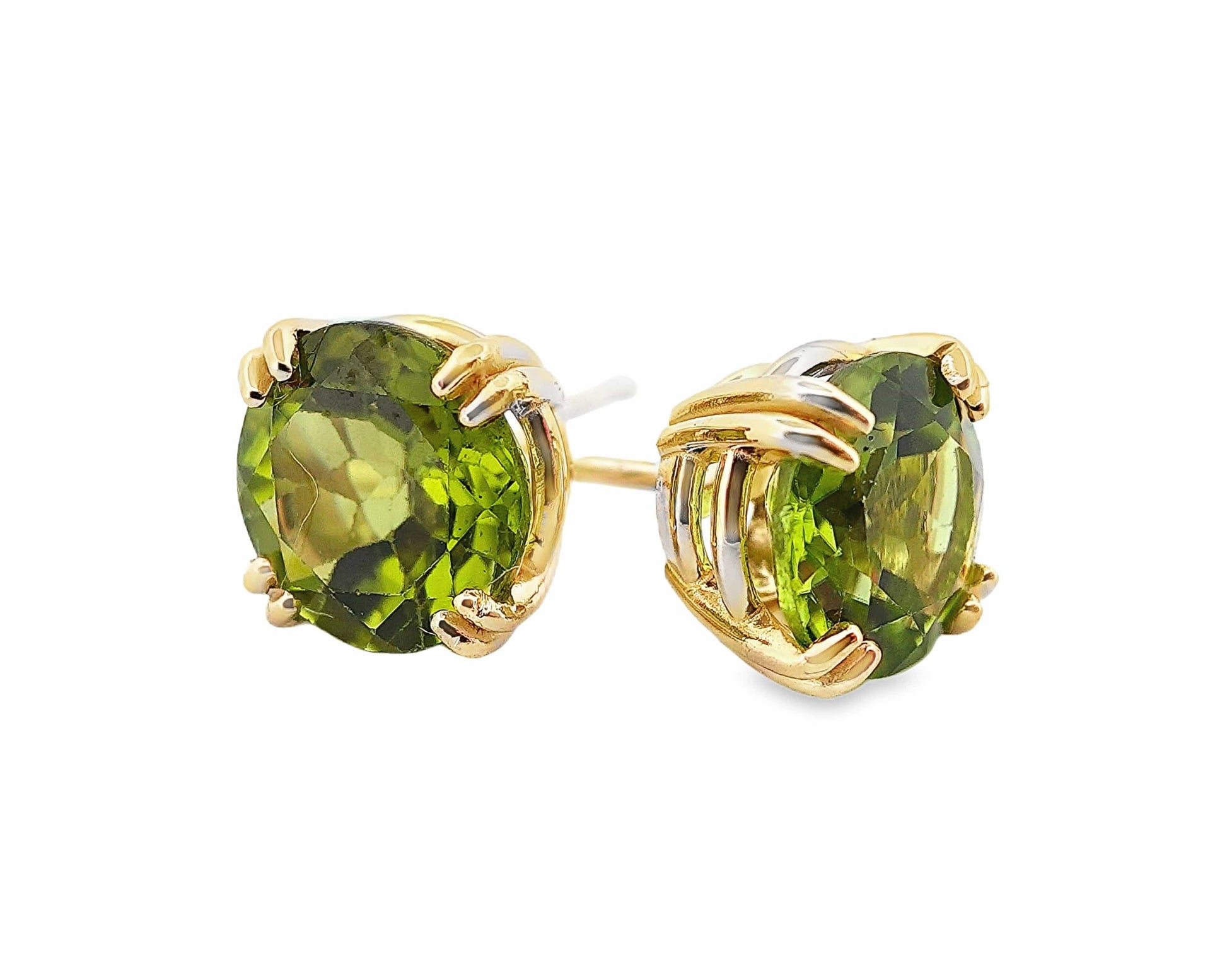 10K YG 7MM ROUND PERIDOT DOUBLE CLAW STUD EARRINGS