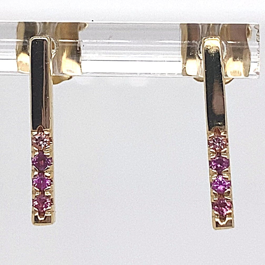 14K YELLOW GOLD NATURAL ROUND BRILLIANT PINK SAPPHIRE ACCENT DANGLE STYLE EARRINGS