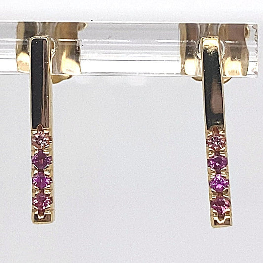 14K YELLOW GOLD NATURAL ROUND BRILLIANT PINK SAPPHIRE ACCENT DANGLE STYLE EARRINGS