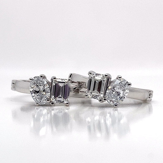 14K WHITE GOLD 2.0CT TW OVAL EMERALD LAB GROWN DIAMOND 2 STONE STYLE HOOP EARRINGS