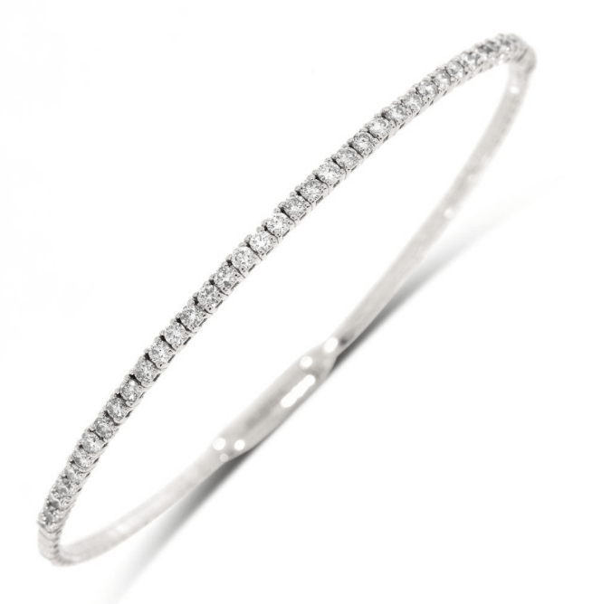 14K white gold flexible bracelet with a continuous row of round-cut diamonds.