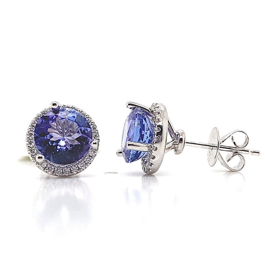 18K WHITE GOLD 3.30CT TW ROUND BRILLIANT TANZANITE CENTER .22CT TW NATURAL ROUND BRILLIANT DIAMOND ACCENT HALO STYLE STUD EARRINGS