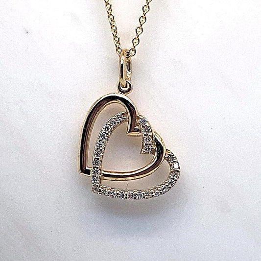 10K YELLOW GOLD 0.08CT TW NATURAL ROUND BRILLIANT DIAMOND DOUBLE HEART SHAPE STYLE PENDANT WITH CHAIN