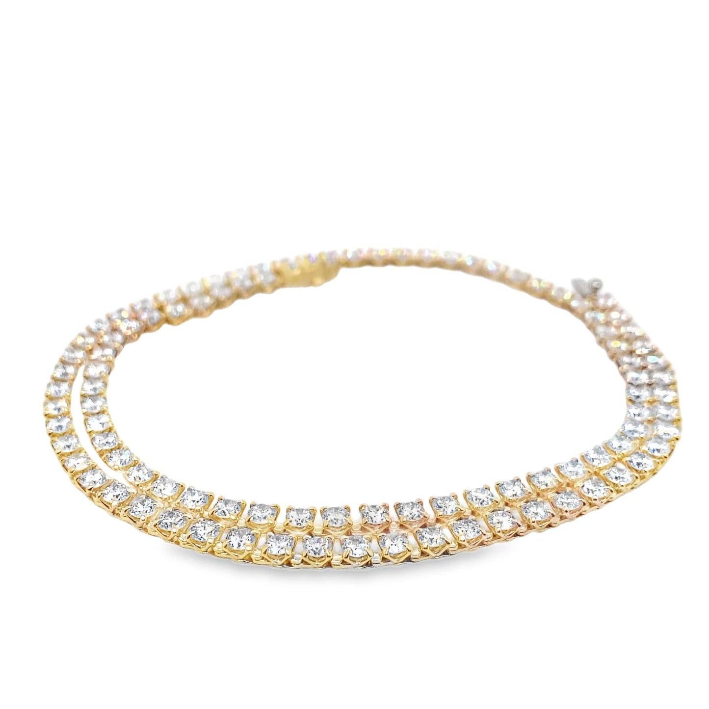 Lab grown diamond tennis necklace in yellow gold with two rows of round diamonds, 18-inch fashion jewelry.