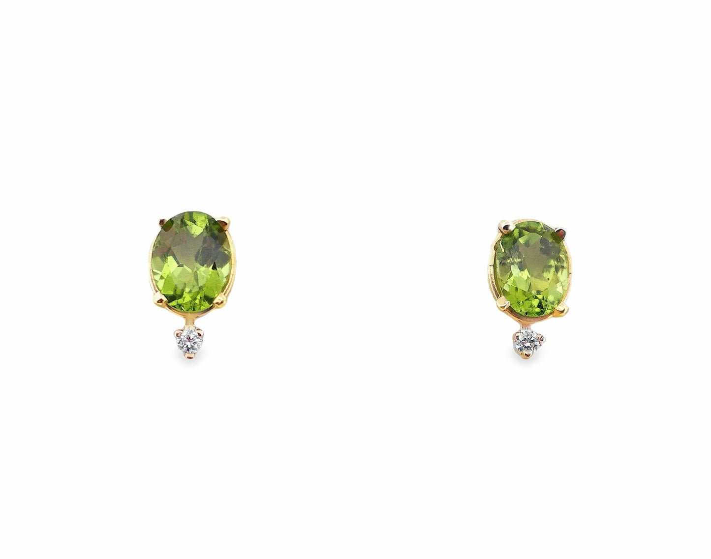14K yellow gold stud earrings with oval green peridot gemstones and small round diamond accents.