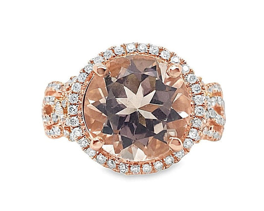 14K ROSE GOLD 4.20 CT ROUND BRILLIANT PEACH MORGANITE .62 CT TW NATURAL ROUND BRILLIANT DIAMOND ACCENT FASHION RING