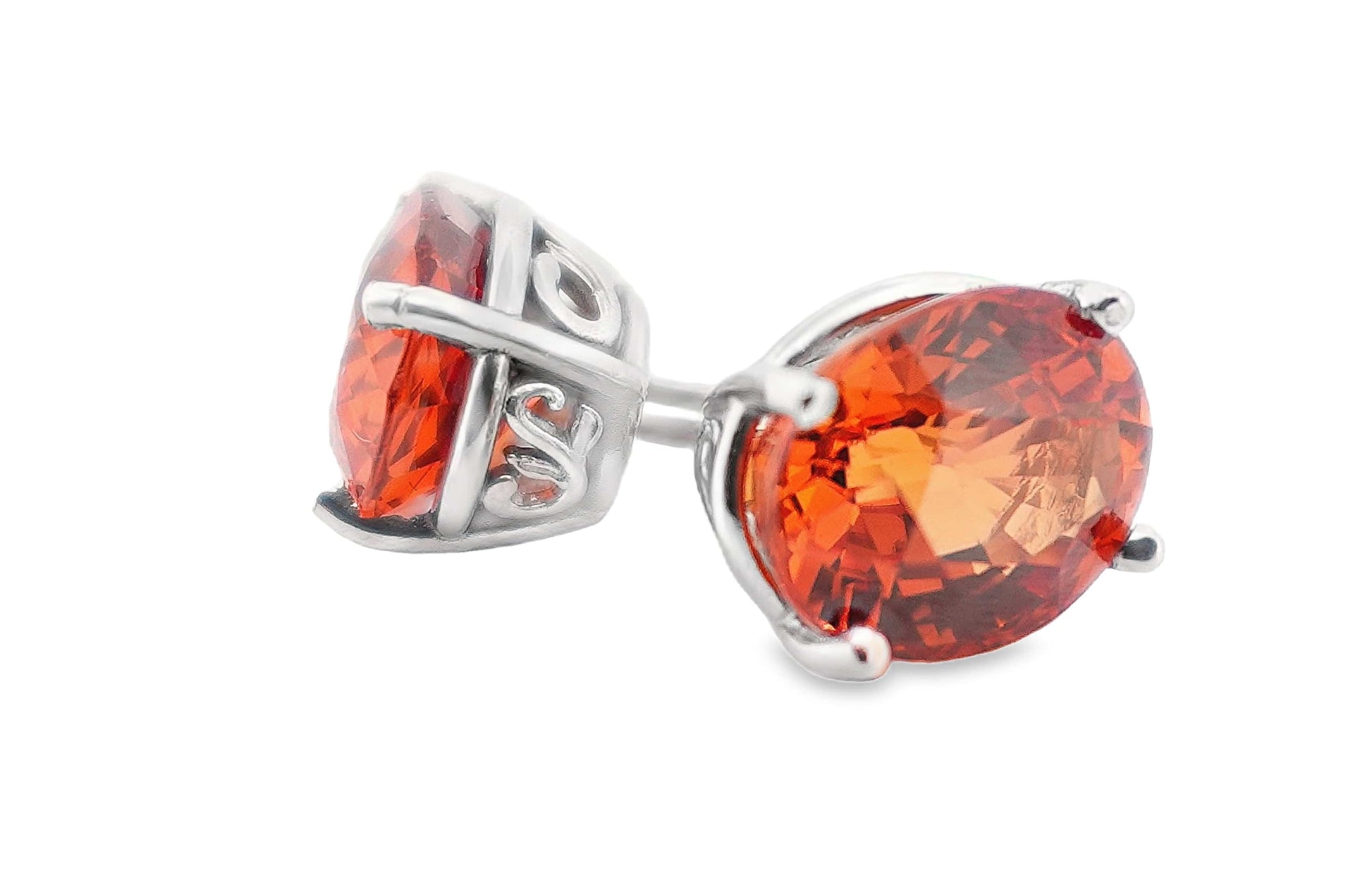 14KW 10X8MM OVAL MANDARIN GARNET AA SCROLL STUD EARRINGS