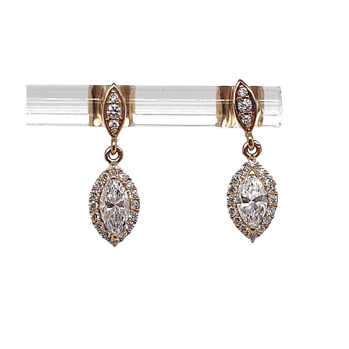 10K yellow gold dangle earrings with marquise-shaped lab diamond halos and central round diamonds.