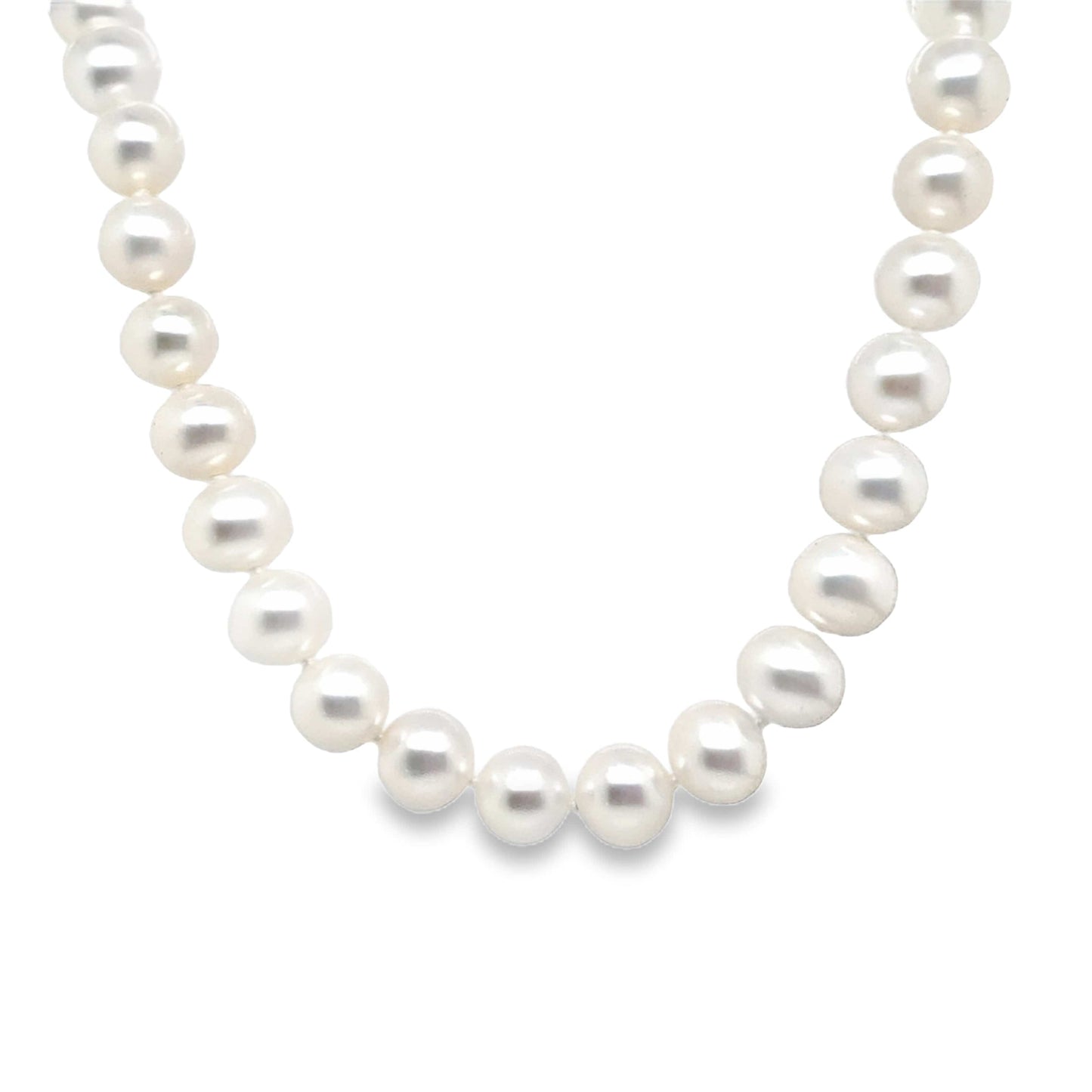 18-inch strand of round white cultured freshwater pearls with sterling silver clasp.