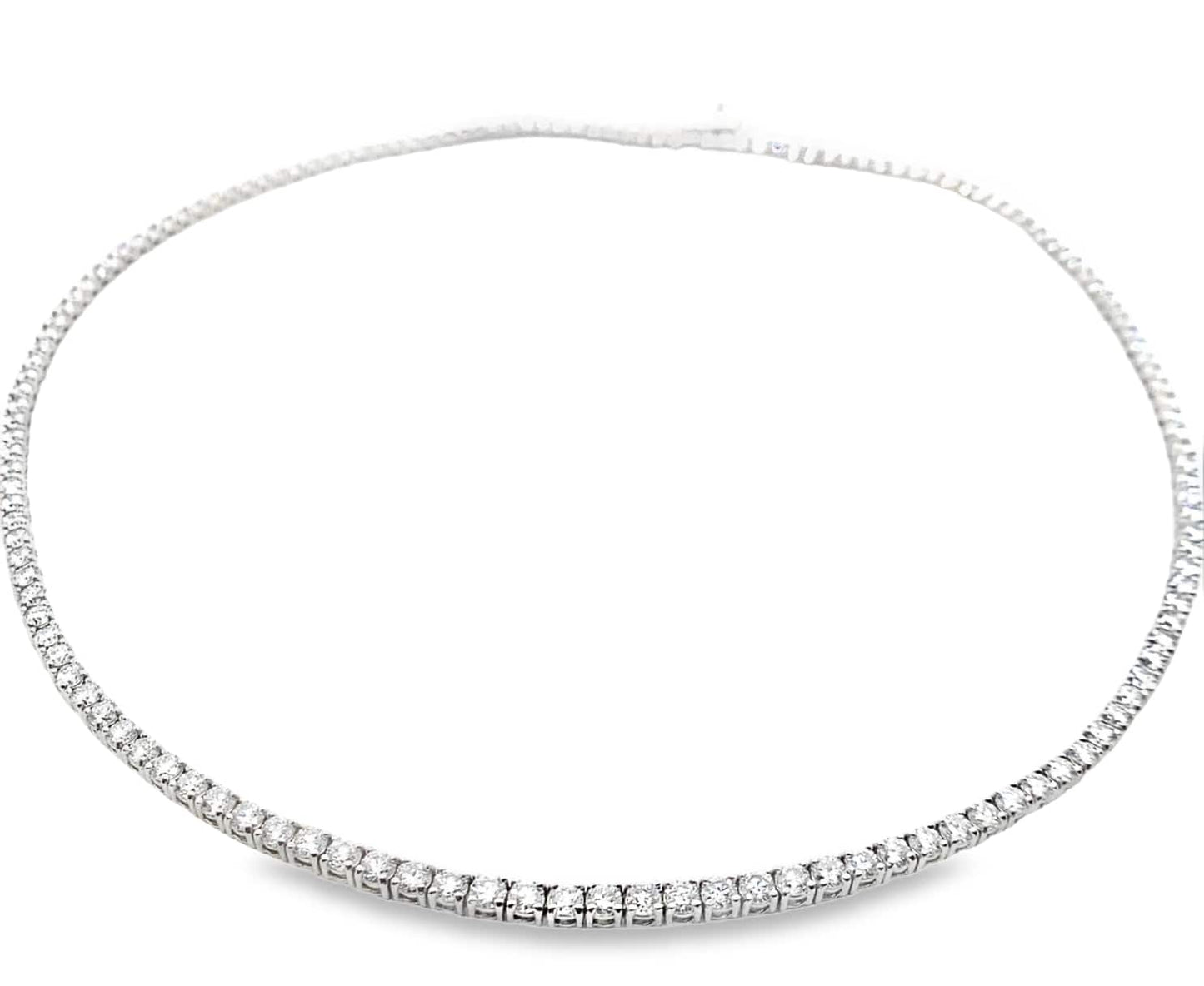 16-inch 14KW white gold tennis necklace with large lab diamonds totaling 14.16 carats.