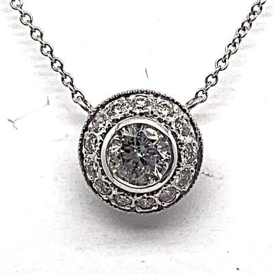 14K WHITE GOLD 1.40 CT TW NATURAL ROUND BRILLIANT DIAMOND BEZEL HALO STYLE PENDANT WITH CHAIN