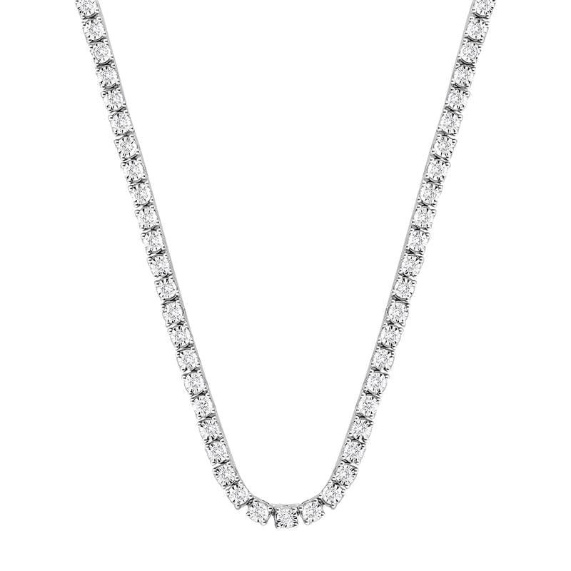 Platinum tennis necklace with round brilliant diamonds in a classic fashion design.