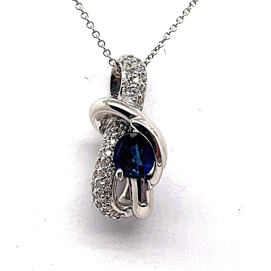 14K WHITE GOLD 3/4 CT NATURAL BLUE SAPPHIRE 1/2 CT TW NATURAL ROUND BRILLIANT DIAMOND PENDANT WITH CHAIN 18"