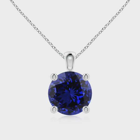 14K WHITE GOLD 12 MM ROUND BRILLIANT LAB GROWN BLUE SAPPHIRE .35 CT TW NATURAL ROUND BRILLIANT DIAMOND HALO STYLE WITH THREE STRAND CHAIN