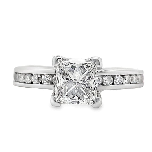 14K WHITE GOLD 1.00 CT PRINCESS CUT G/I1 NATURAL DIAMOND CENTER (CHIPPED NON-CERT) 0.35 CTW NATURAL DIAMOND ACCENTS