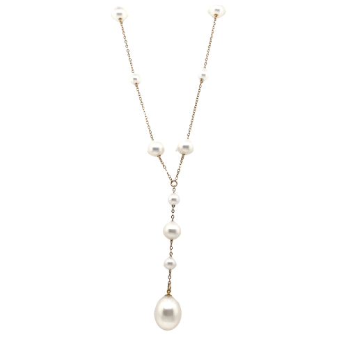 14K yellow gold necklace with graduated freshwater pearls ranging 4.5-10 mm and a teardrop pearl pendant.