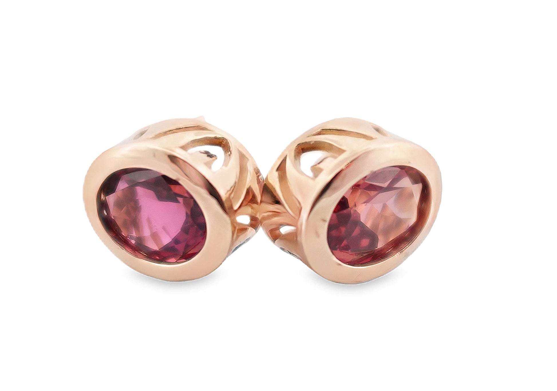 14KY 9X7MM OVAL RHODALITE GARNET SCROLL BEZEL EARRINGS