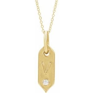 14K YELLOW .05 CT NATURAL DIAMOND INITIAL V 16-18" NECKLACE