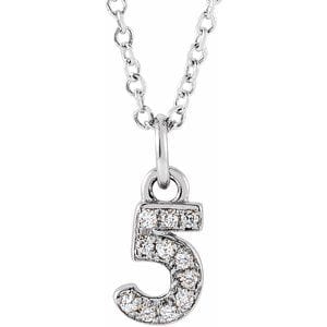 14K WHITE PETITE PAV����������� .04 CTW NATURAL DIAMOND NUMERAL 5 16-18" NECKLACE