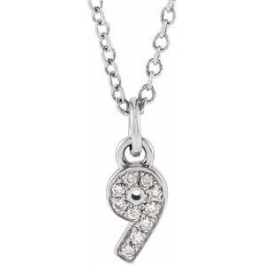14K WHITE PETITE PAV����������� .04 CTW NATURAL DIAMOND NUMERAL 9 16-18" NECKLACE