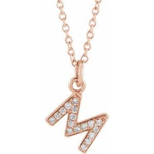 14K ROSE .06 CTW NATURAL DIAMOND PETITE INITIAL M 16-18" NECKLACE