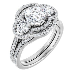Rings 14K White 6.5 mm Round Three-Stone Halo-Style Engagement Ring Mounting