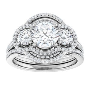 Rings 14K White 6.5 mm Round Three-Stone Halo-Style Engagement Ring Mounting