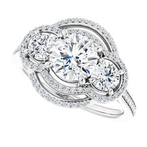 Rings 14K White 6.5 mm Round Three-Stone Halo-Style Engagement Ring Mounting