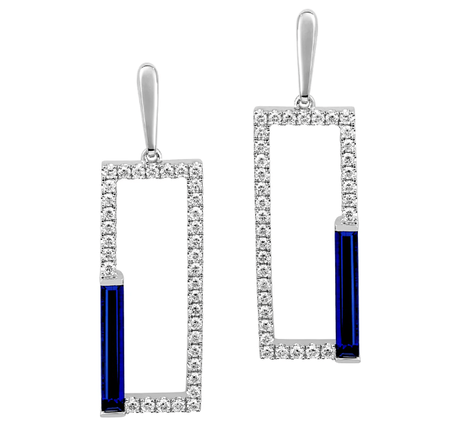 14K white gold rectangular earrings with baguette blue sapphires and diamond accents.