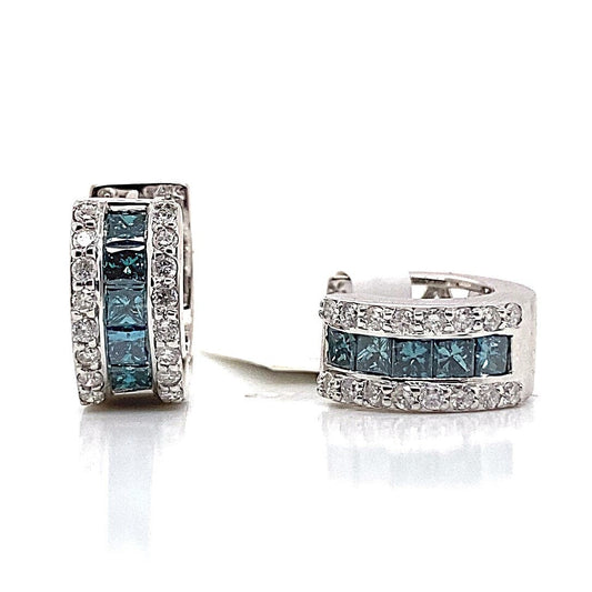14K WHITE GOLD 1.30CT TW NATURAL BLUE PRINCESS AND WHITE ROUND BRILLIANT DIAMOND HUGGIE STYLE HOOP EARRINGS