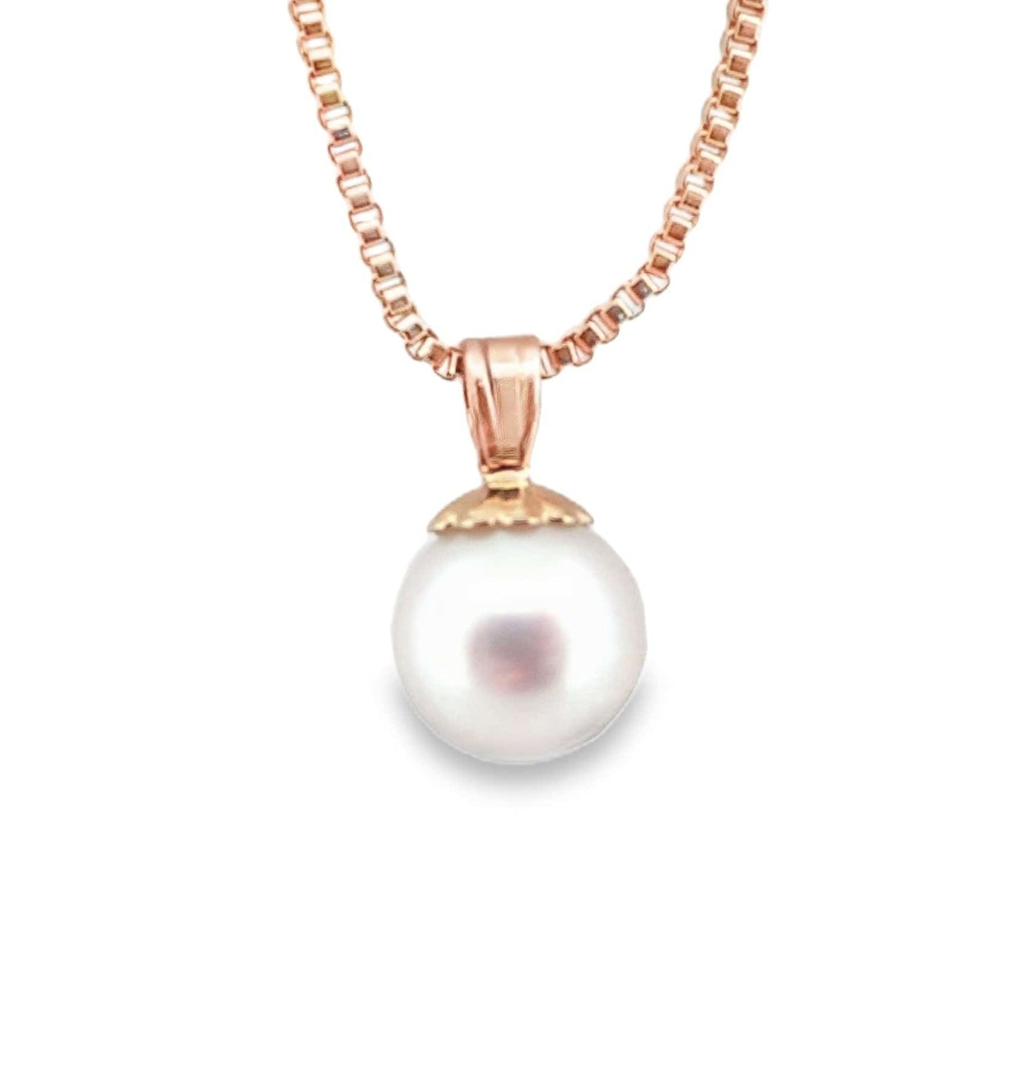 14K yellow gold necklace with 6.5mm round white Akoya pearl pendant.