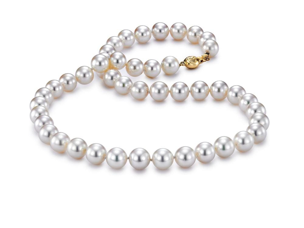 18" strand of 8.5-9mm lustrous white pearls with 18K yellow gold clasp.