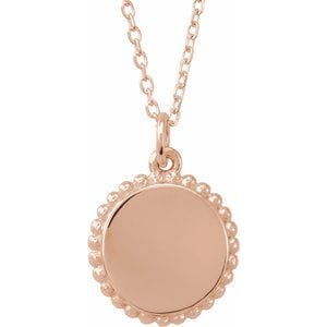 14K ROSE ENGRAVABLE BEADED DISC 16-18" NECKLACE