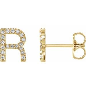 14K YELLOW 1/8 CTW NATURAL DIAMOND INITIAL R EARRINGS